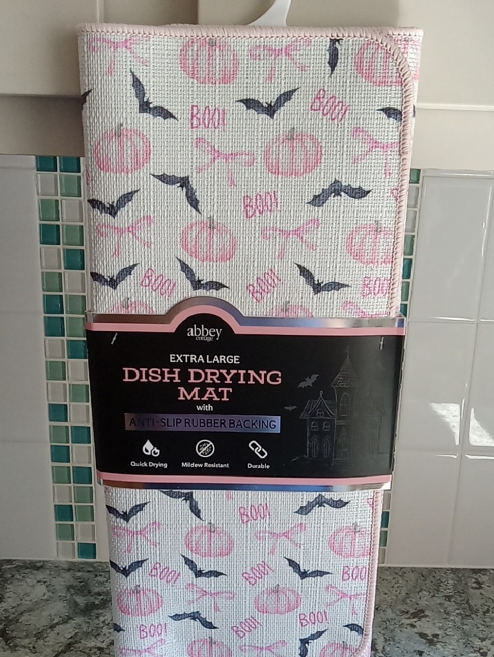 Abbey Extra Large Pink & Black Halloween Dish Drying Mat 🦇🦇🦇🎃🎃🎃🎃